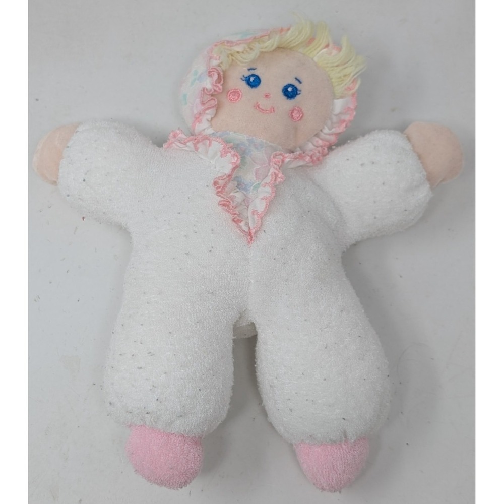Vintage Bantam Terry Cloth Stuffed Plush Baby Doll Lovey Rattle White Floral 90s